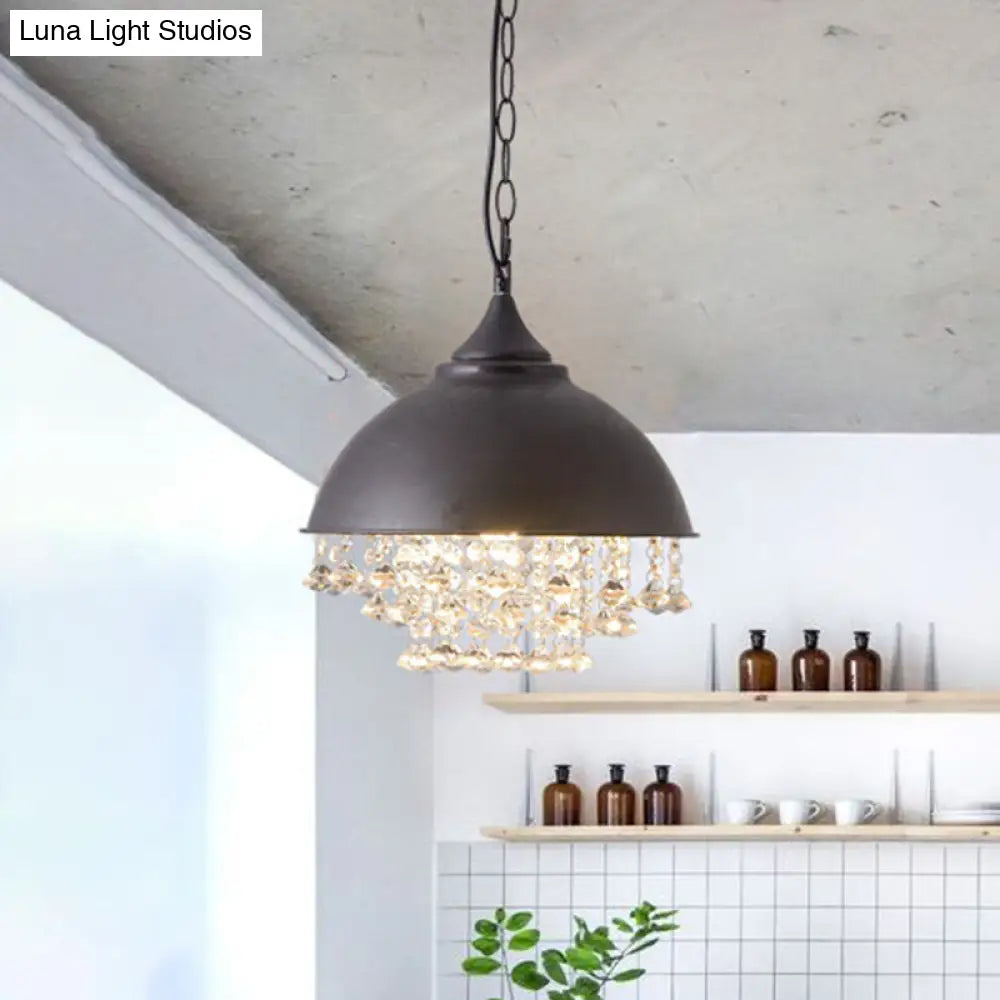 Industrial Dome Pendant Light with Crystal Bead, Black/Chrome Metal Hanging Fixture