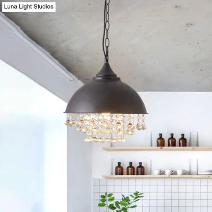 Industrial Dome Pendant Light with Crystal Bead, Black/Chrome Metal Hanging Fixture