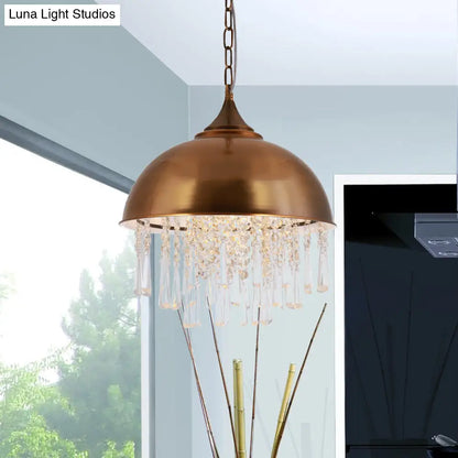 Industrial Dome Pendant Light with Crystal Bead, Black/Chrome Metal Hanging Fixture