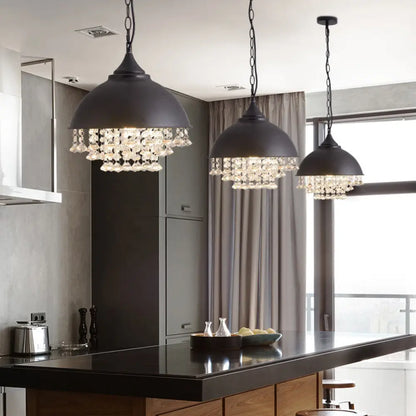 Industrial Dome Pendant Light with Crystal Bead, Black/Chrome Metal Hanging Fixture