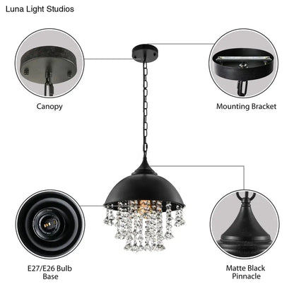 Industrial Dome Pendant Light with Crystal Bead, Black/Chrome Metal Hanging Fixture