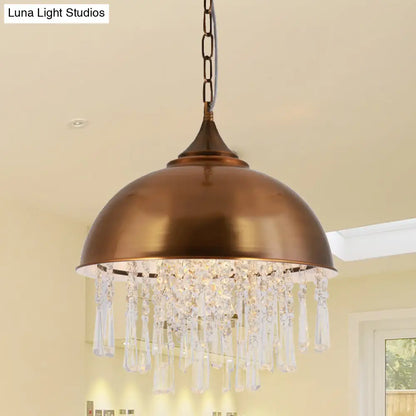 Industrial Dome Pendant Light with Crystal Bead, Black/Chrome Metal Hanging Fixture