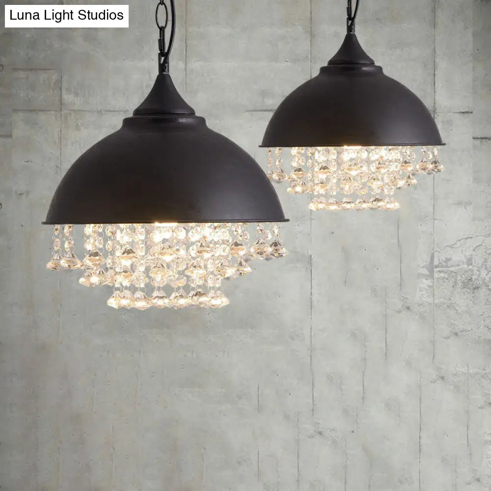 Industrial Dome Pendant Light with Crystal Bead, Black/Chrome Metal Hanging Fixture