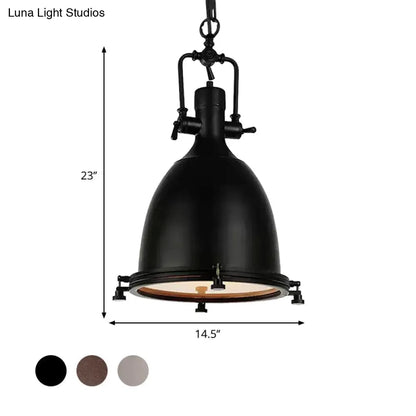 Industrial Domed Pendant Lamp - 1-Light Metal Ceiling Light Fixture for Bars - Black/Silver/Rust with Hanging Chain