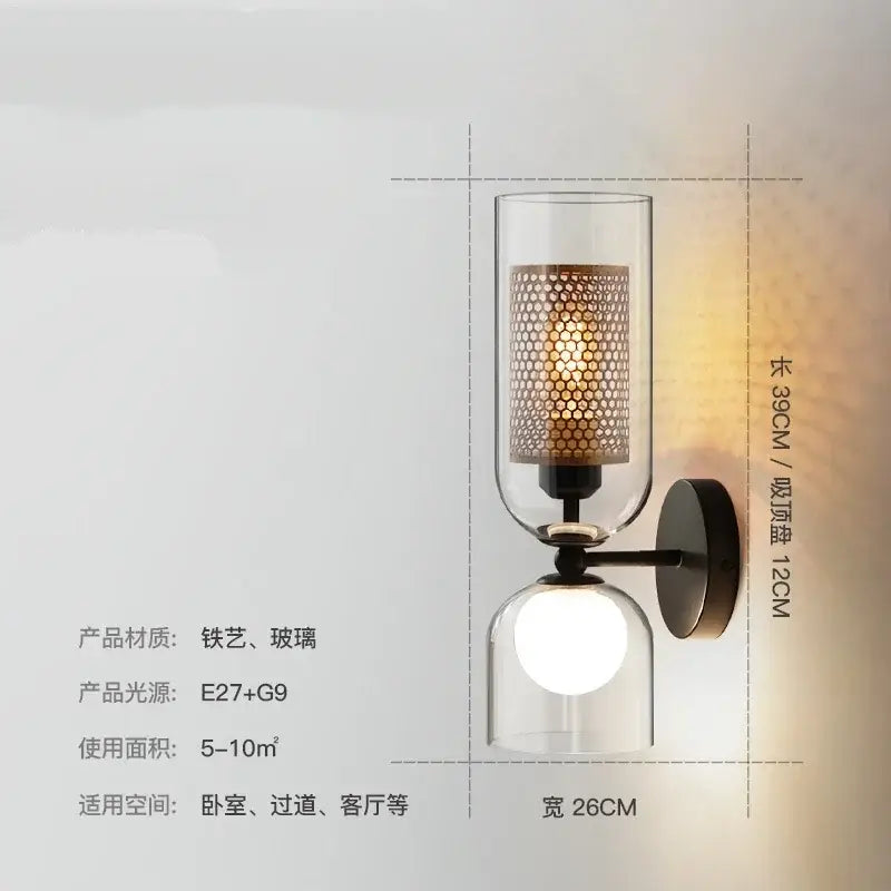 Modern industrial double head iron net wall lamp with black iron base and glass sconce for bedroom lighting