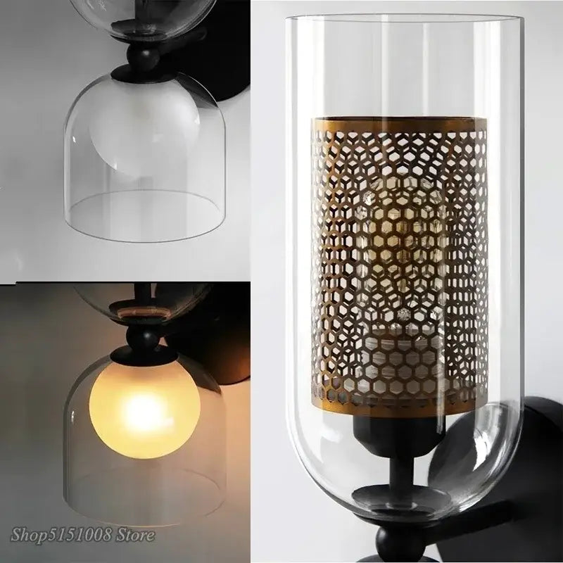 Industrial double head iron net wall lamp with clear glass dome, black iron base, and brass honeycomb shade for bedroom use