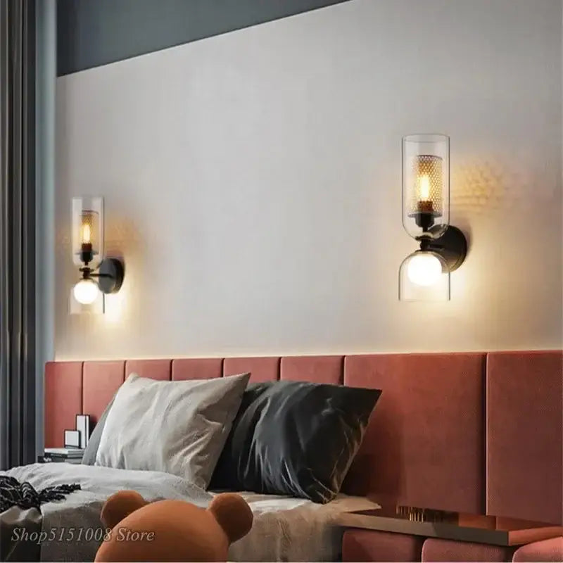 Industrial double head iron wall lamp with iron net black metal base and clear glass sconce for bedroom lighting