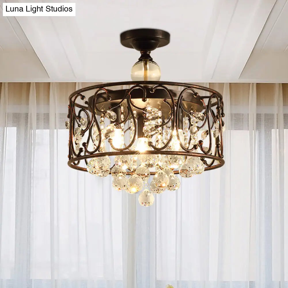 DecorBites™ DecorBites™ Industrial Drum Metal Ceiling Light Fixture - Antique Copper Semi Flush Mount with Crystal Ball - 4 Bulbs