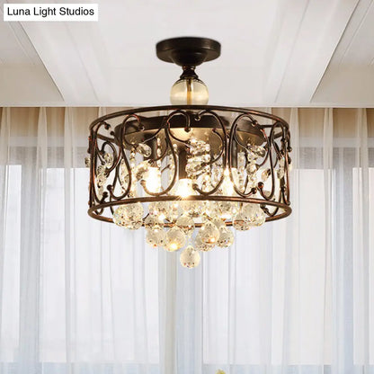 DecorBites™ DecorBites™ Industrial Drum Metal Ceiling Light Fixture - Antique Copper Semi Flush Mount with Crystal Ball - 4 Bulbs