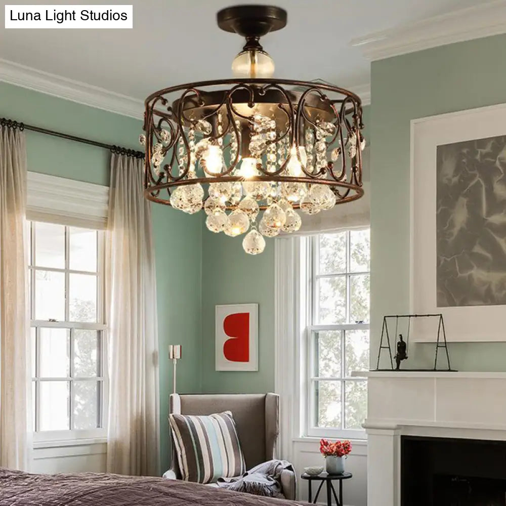 DecorBites™ DecorBites™ Industrial Drum Metal Ceiling Light Fixture - Antique Copper Semi Flush Mount with Crystal Ball - 4 Bulbs