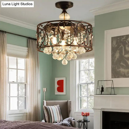 DecorBites™ DecorBites™ Industrial Drum Metal Ceiling Light Fixture - Antique Copper Semi Flush Mount with Crystal Ball - 4 Bulbs