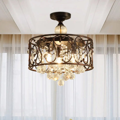 DecorBites™ DecorBites™ Industrial Drum Metal Ceiling Light Fixture - Antique Copper Semi Flush Mount with Crystal Ball - 4 Bulbs