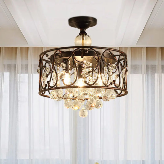 DecorBites™ DecorBites™ Industrial Drum Metal Ceiling Light Fixture - Antique Copper Semi Flush Mount with Crystal Ball - 4 Bulbs