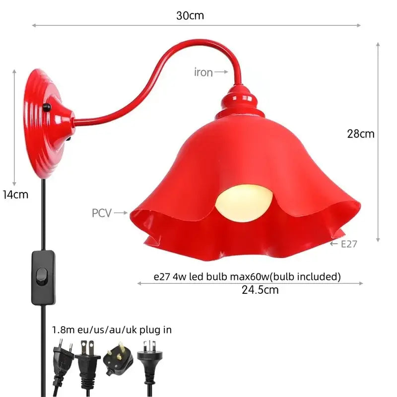 Industrial edison red led wall lamp with red flower-shaped pvc shade and curved iron arm for bedroom vintage sconce