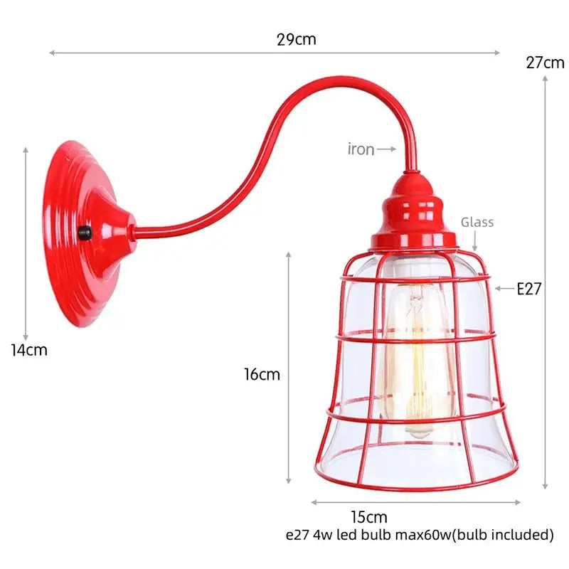 Red iron industrial edison red led wall lamp with glass cage housing e27 bulb for vintage bedroom sconce lighting