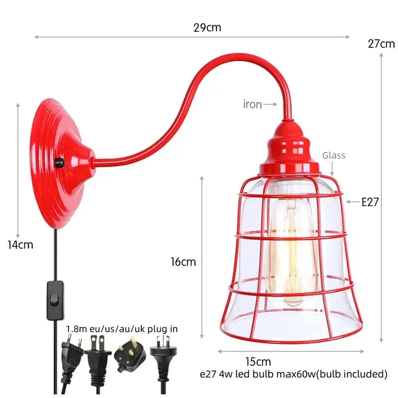 Red iron industrial edison red led wall lamp with glass cage housing e27 led bulb for bedroom vintage sconce lighting