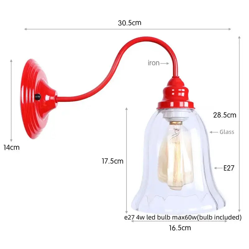 Red iron wall lamp with clear glass bell-shaped shade housing an e27 edison red led bulb vintage sconce