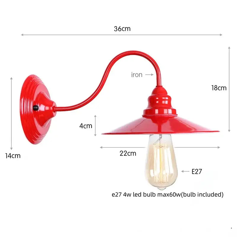 Industrial edison red led wall lamp with red iron curved arm and wide flared shade vintage bedroom sconce