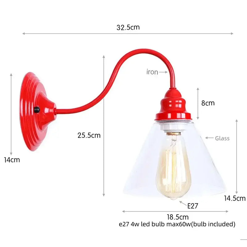 Industrial edison red led wall lamp with red iron frame clear glass shade and e27 led bulb for bedroom vintage sconce