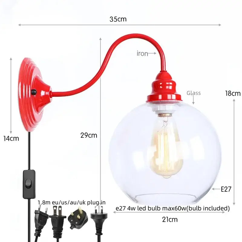 Industrial edison red led wall lamp featuring a red iron wall sconce with clear glass globe and e27 led bulb for bedroom use