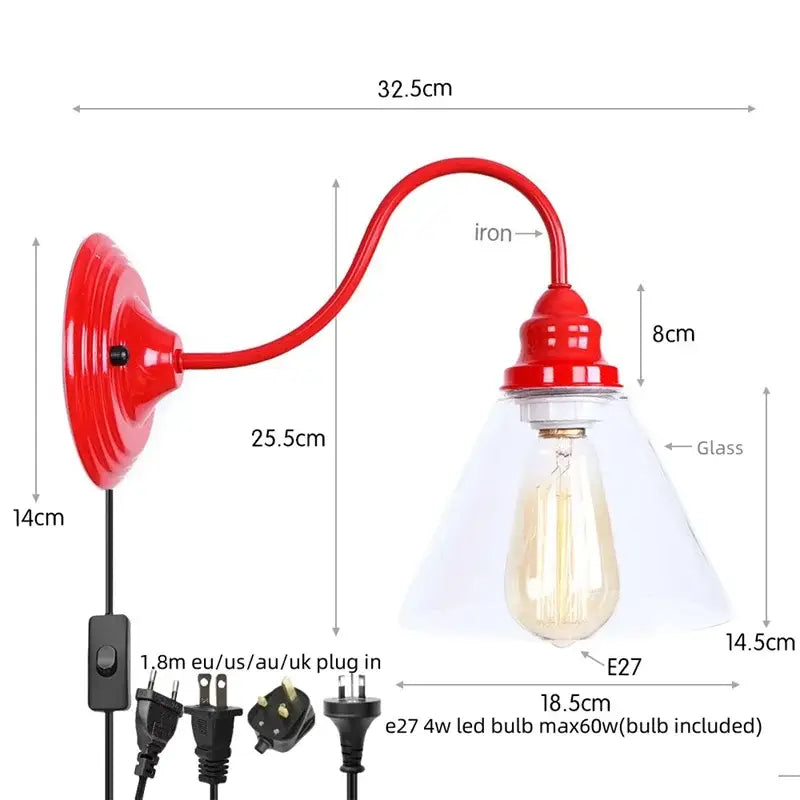 Red iron industrial edison red led wall lamp with clear glass shade and exposed bulb for vintage bedroom sconce