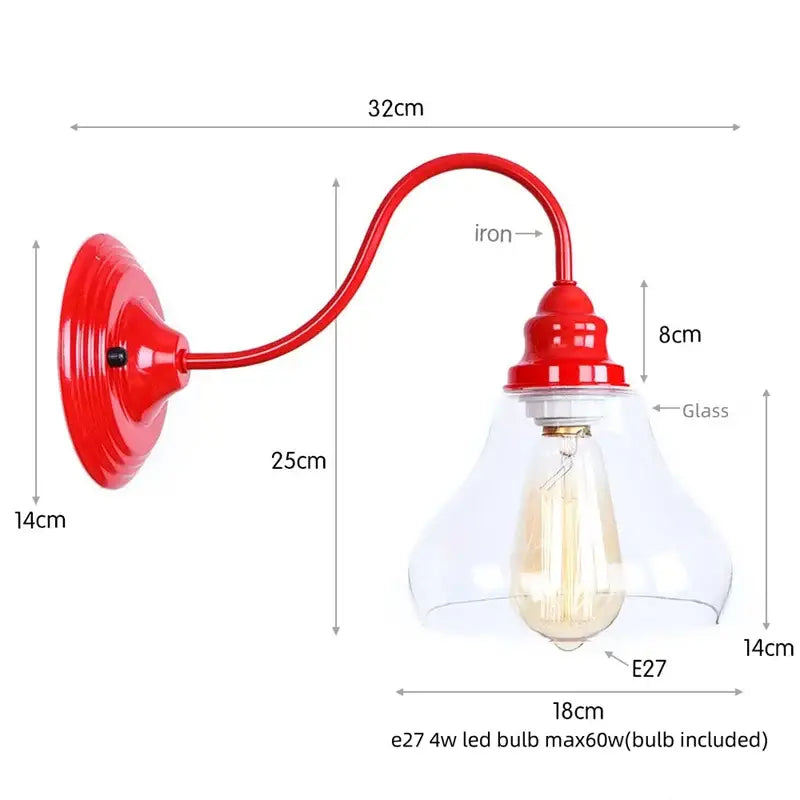 Industrial edison red led wall lamp with red iron wall sconce, clear glass shade, and exposed edison-style bulb