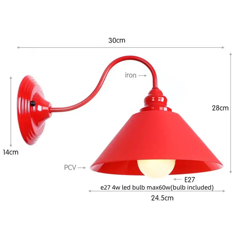 Industrial edison red led wall lamp with red iron mount conical pvc shade and e27 bulb socket for bedroom vintage sconce