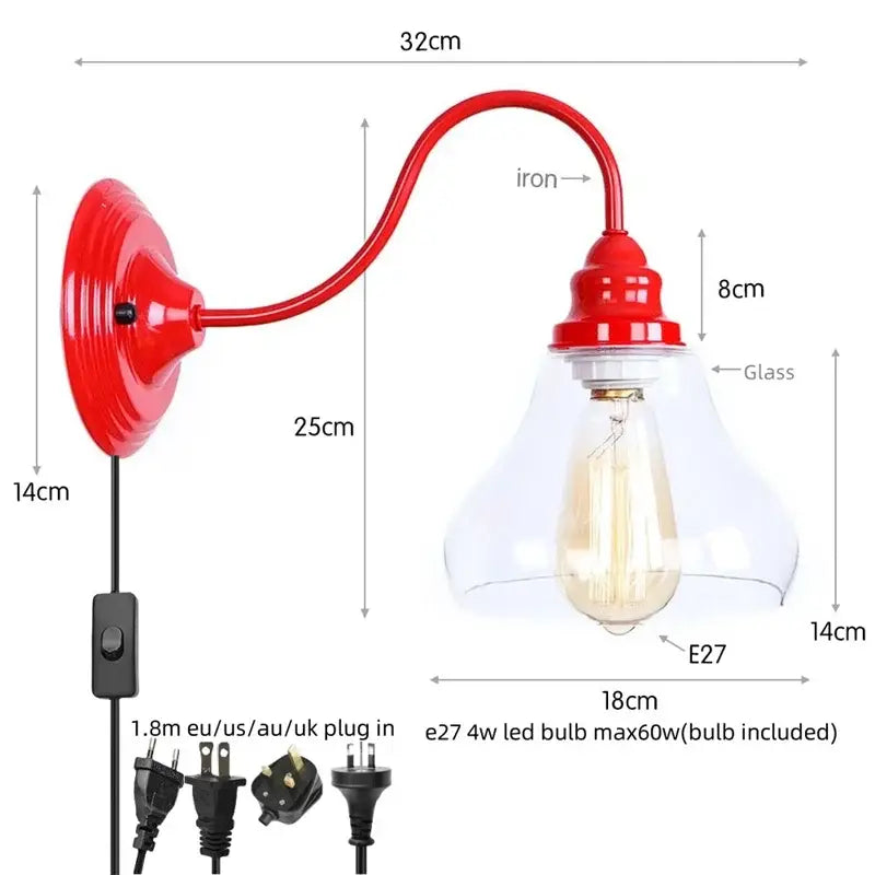 Industrial edison red led wall lamp with red iron wall sconce and clear glass shade featuring e27 led bulb for bedroom use