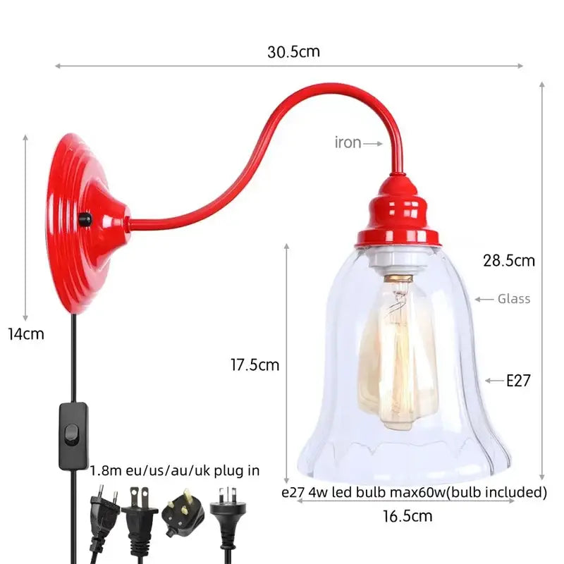 Red iron wall lamp with clear glass bell shade and e27 edison red led bulb for vintage bedroom use