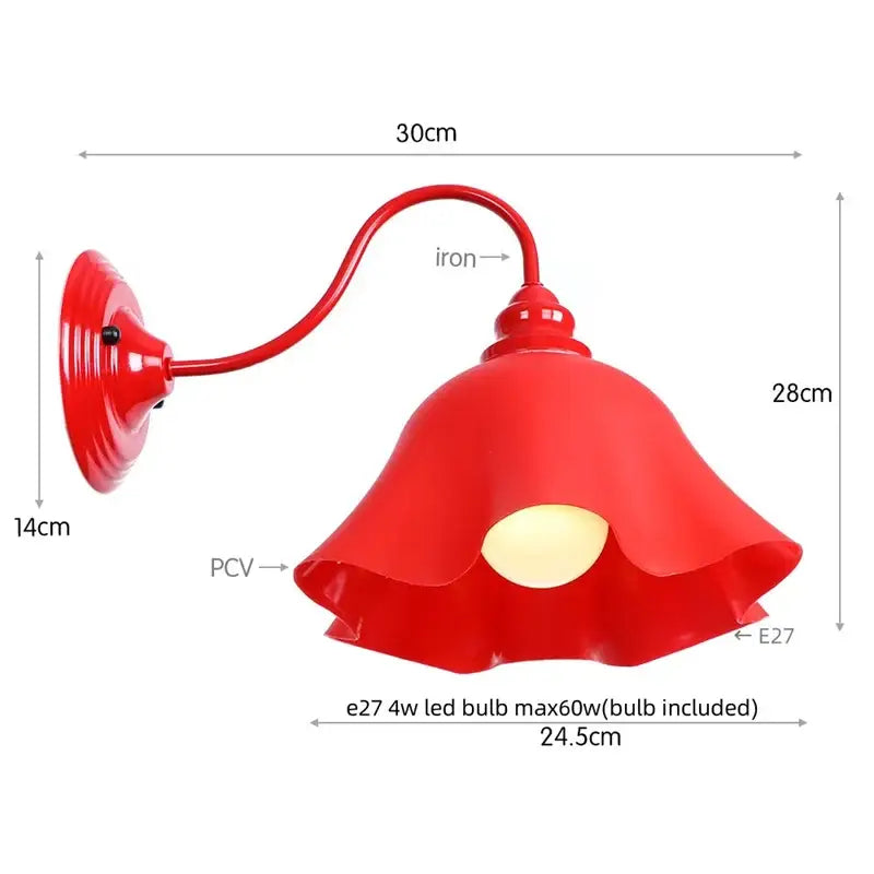 Vibrant red led wall lamp with flower-shaped glossy pcv shade and iron arm for industrial edison bedroom vintage sconce