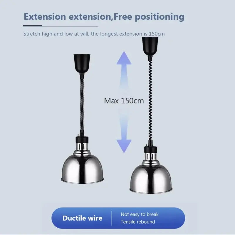 Adjustable black and stainless steel industrial electric heat lamp pendant light with flexible coiled wire extension decorbites industrial electric decor