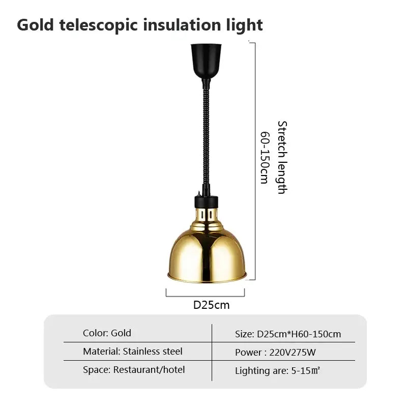 Gold-colored stainless steel industrial electric heat lamp with black flexible neck and adjustable telescopic length