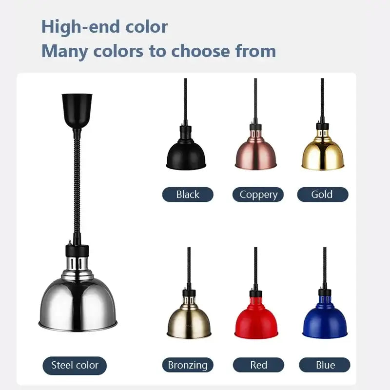 Industrial electric heat lamp kitchen dome pendant light with sleek metal shade and flexible gooseneck arm in multiple finishes