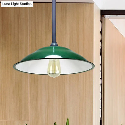 Industrial Enamel Farmhouse Pendant Light - Green Saucer Shade, 1 Light, 11"/12" Diameter