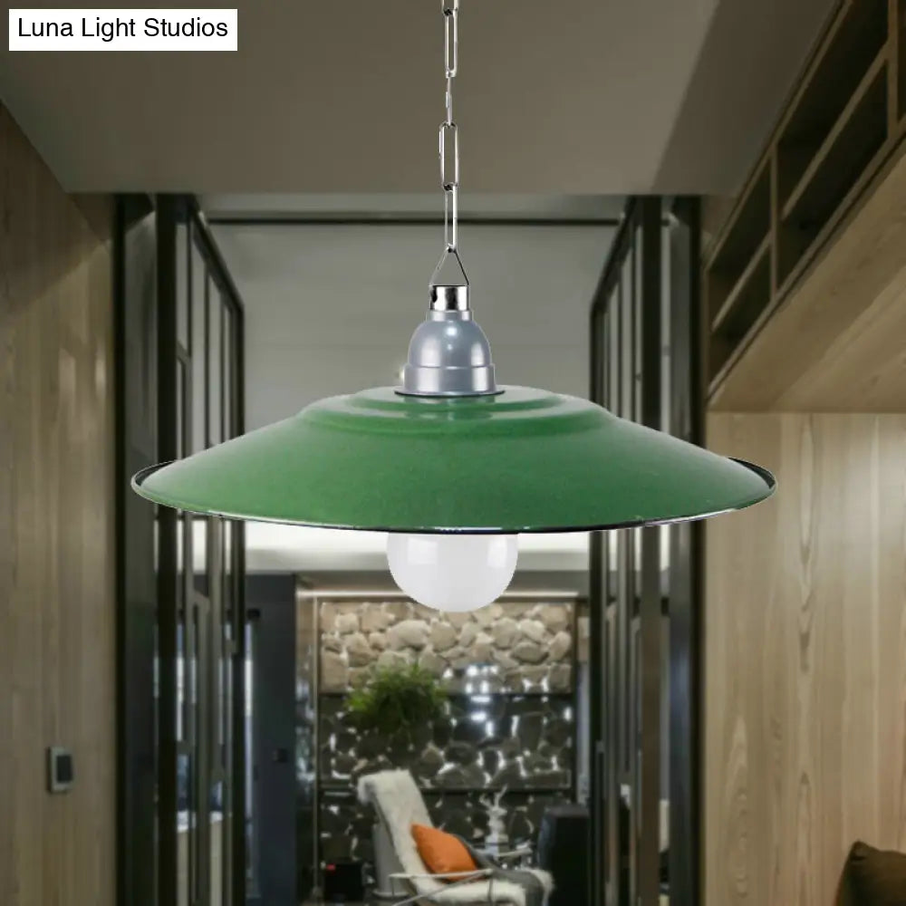 Industrial Enamel Farmhouse Pendant Light - Green Saucer Shade, 1 Light, 11"/12" Diameter