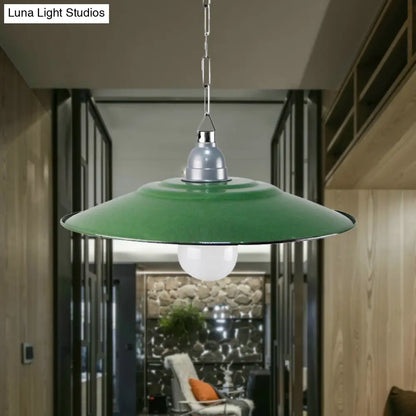 Industrial Enamel Farmhouse Pendant Light - Green Saucer Shade, 1 Light, 11"/12" Diameter