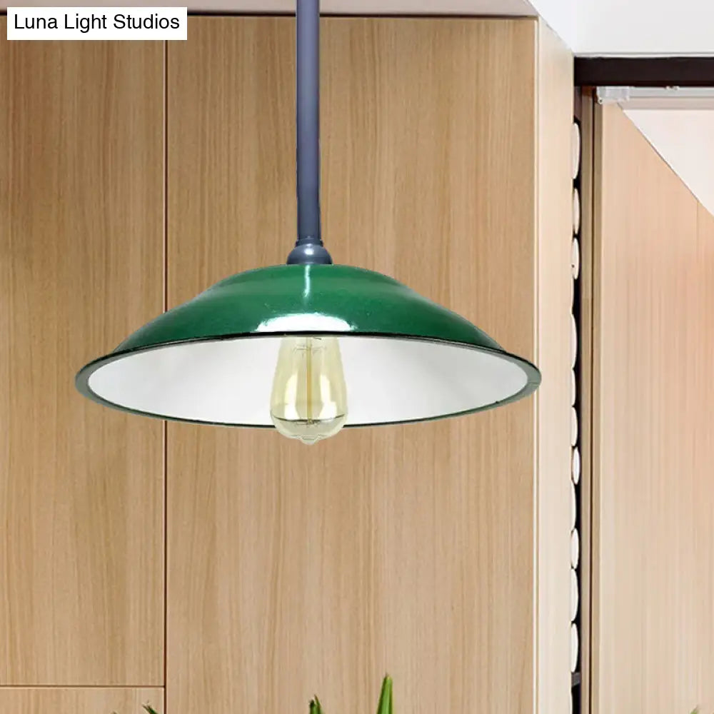 Industrial Enamel Farmhouse Pendant Light - Green Saucer Shade, 1 Light, 11"/12" Diameter