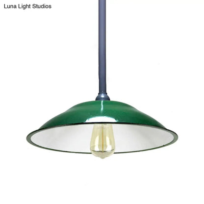 Industrial Enamel Farmhouse Pendant Light - Green Saucer Shade, 1 Light, 11"/12" Diameter