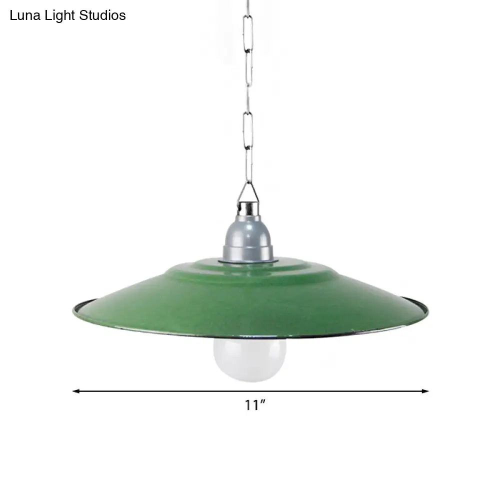 Industrial Enamel Farmhouse Pendant Light - Green Saucer Shade, 1 Light, 11"/12" Diameter