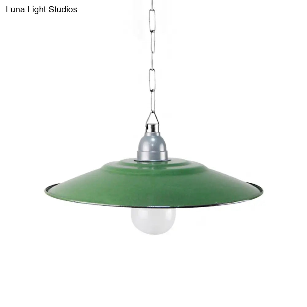 Industrial Enamel Farmhouse Pendant Light - Green Saucer Shade, 1 Light, 11"/12" Diameter