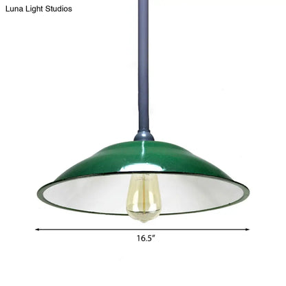 Industrial Enamel Farmhouse Pendant Light - Green Saucer Shade, 1 Light, 11"/12" Diameter