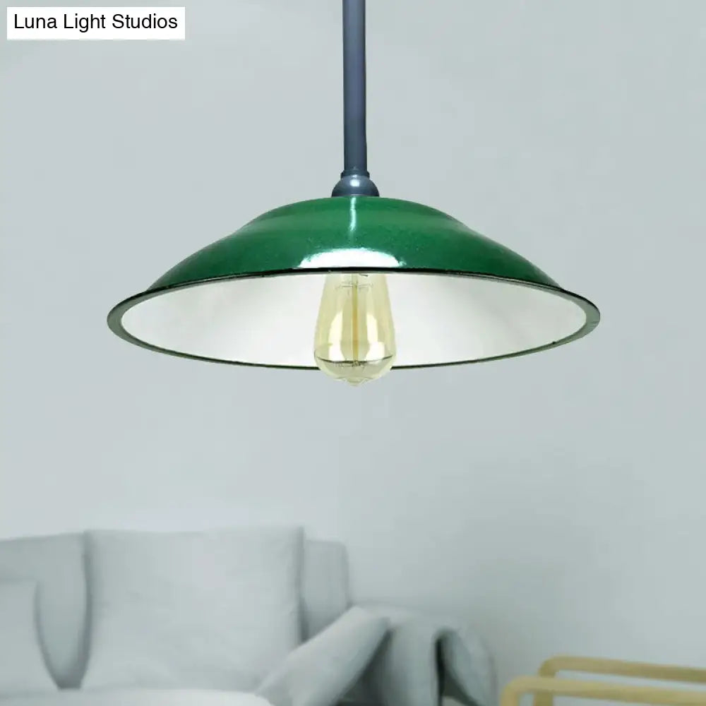 Industrial Enamel Farmhouse Pendant Light - Green Saucer Shade, 1 Light, 11"/12" Diameter