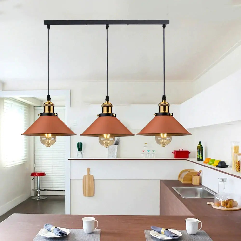 Set of three decorbites industrial farmhouse brown pendant lights with terracotta metal shades and brass accents for kitchen island
