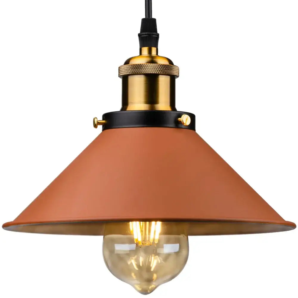 Industrial farmhouse brown pendant light with matte terracotta metal shade brass accents and exposed edison bulb