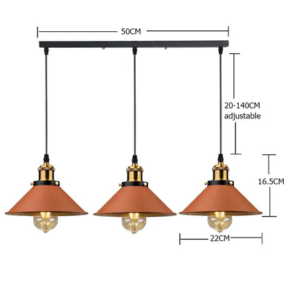 Industrial farmhouse brown pendant light with three terracotta metal shades and brass accents for kitchen island decorbites industrial farmhouse