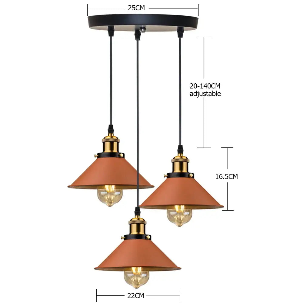 Industrial farmhouse brown pendant light with three terracotta conical shades and brass accents for kitchen island decorbites industrial farmhouse