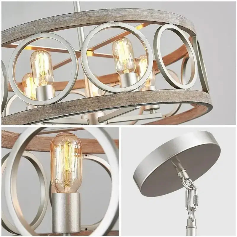 Industrial farmhouse circular chandelier with rustic wood grain frame and brushed metal featuring exposed Edison bulbs