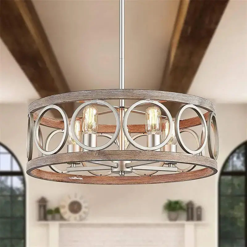 Rustic industrial farmhouse circular chandelier with weathered wood frame and brushed nickel edison bulbs for dining room decorbites industrial farmhouse