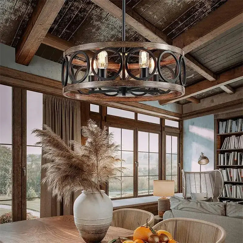 Rustic wooden industrial farmhouse circular chandelier with black metal accents and exposed filament bulbs for dining room decorbites industrial farmhouse