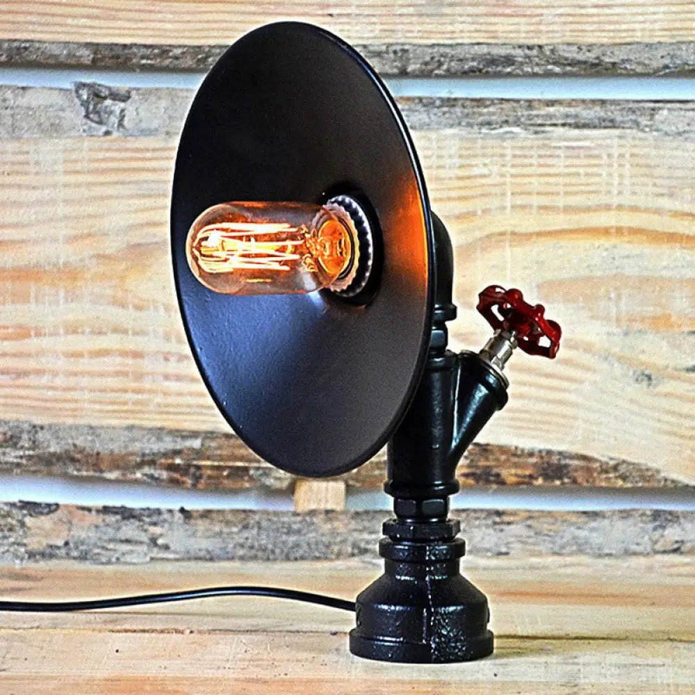 Industrial Flared Shade Night Lamp with Decorative Red Valve - Black Iron Table Light